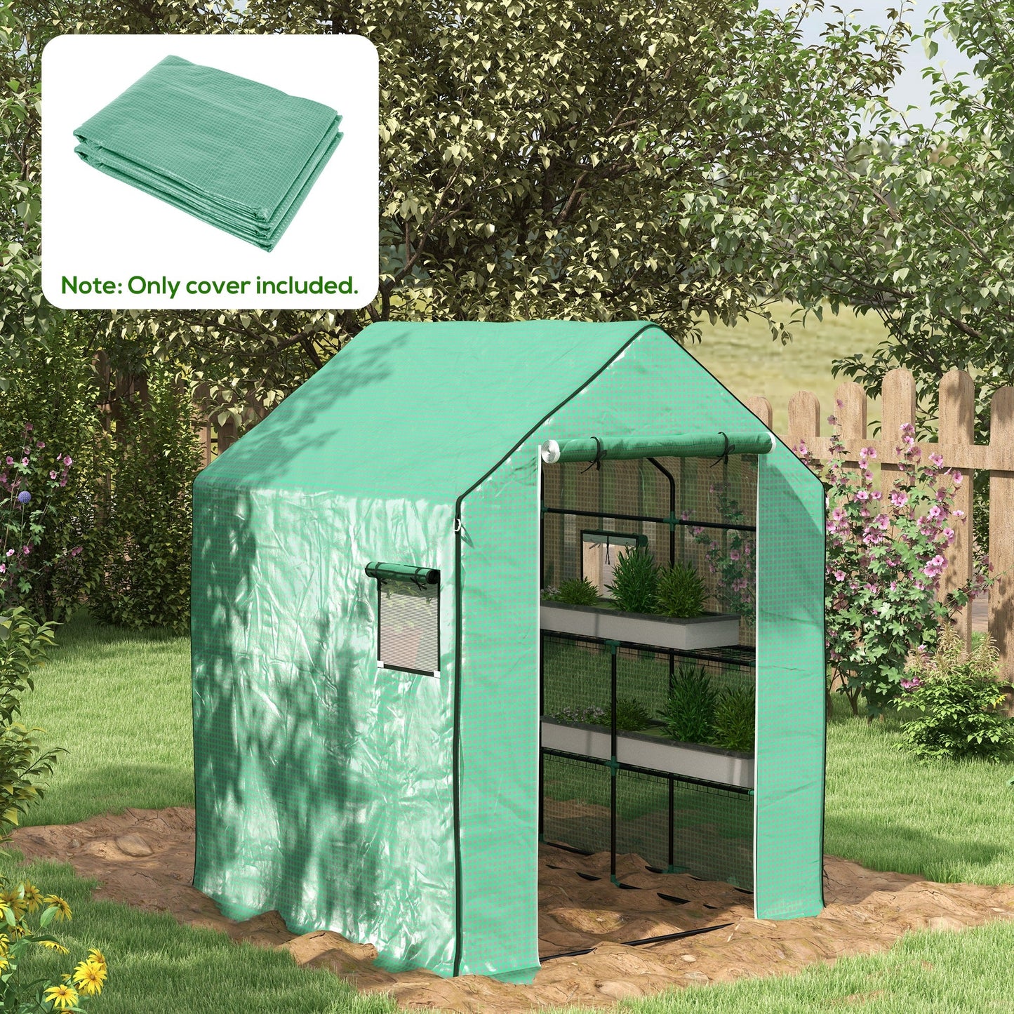 Walk-in Greenhouse Cover Replacement with Roll-up Door and Mesh Windows, Reinforced PE Hot House Cover, COVER ONLY, 140 x 143 x 190cm, Green