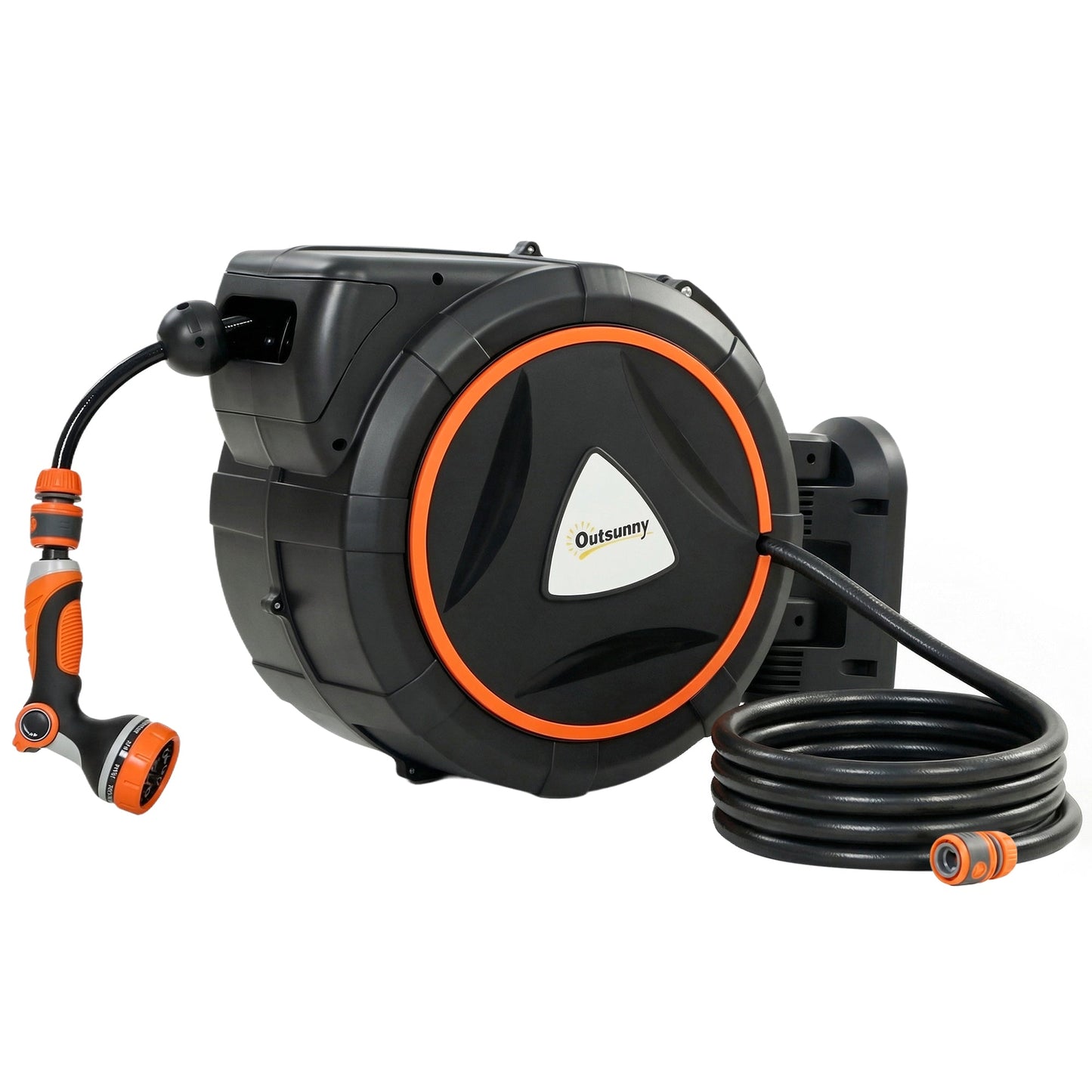 Retractable Hose Reel Wall Mounted, 23+2m Garden Hose Pipe Reel with Auto Retraction, Self-Locking, Slow Return System, 180° Swivel Bracket, 12-Pattern Nozzles and Faucet Adaptor, Orange