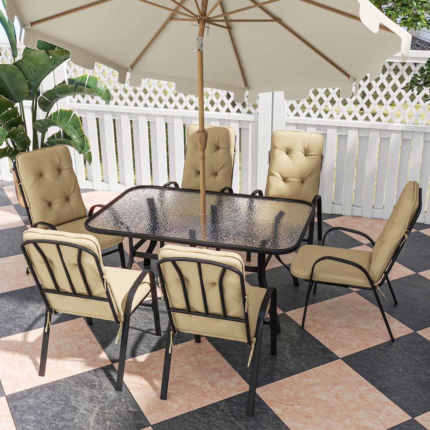 7 Pieces Garden Dining Set, Outdoor Dining Set with Cushions, Tempered Glass Top Table, Umbrella Hole, Texteline Seats, 6 Seater Garden Table and Chairs, Beige