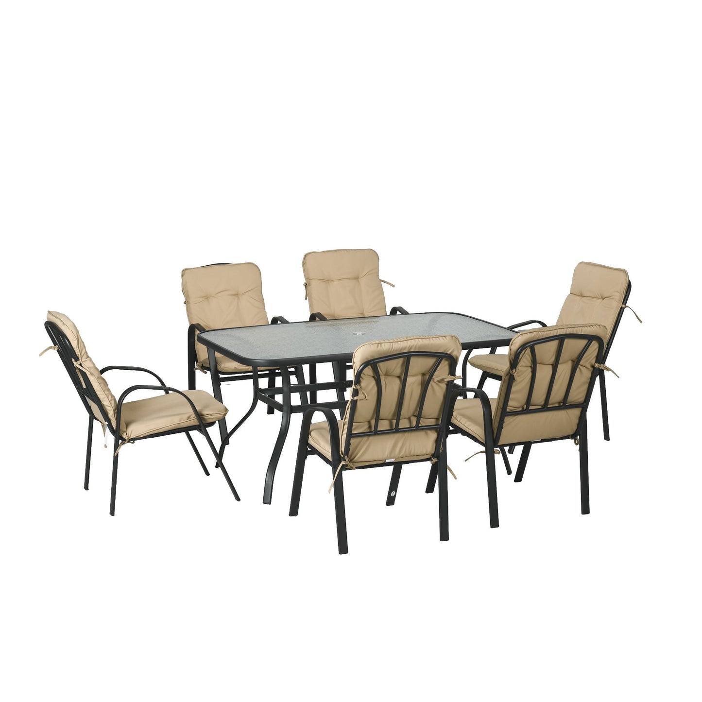 7 Pieces Garden Dining Set, Outdoor Dining Set with Cushions, Tempered Glass Top Table, Umbrella Hole, Texteline Seats, 6 Seater Garden Table and Chairs, Beige
