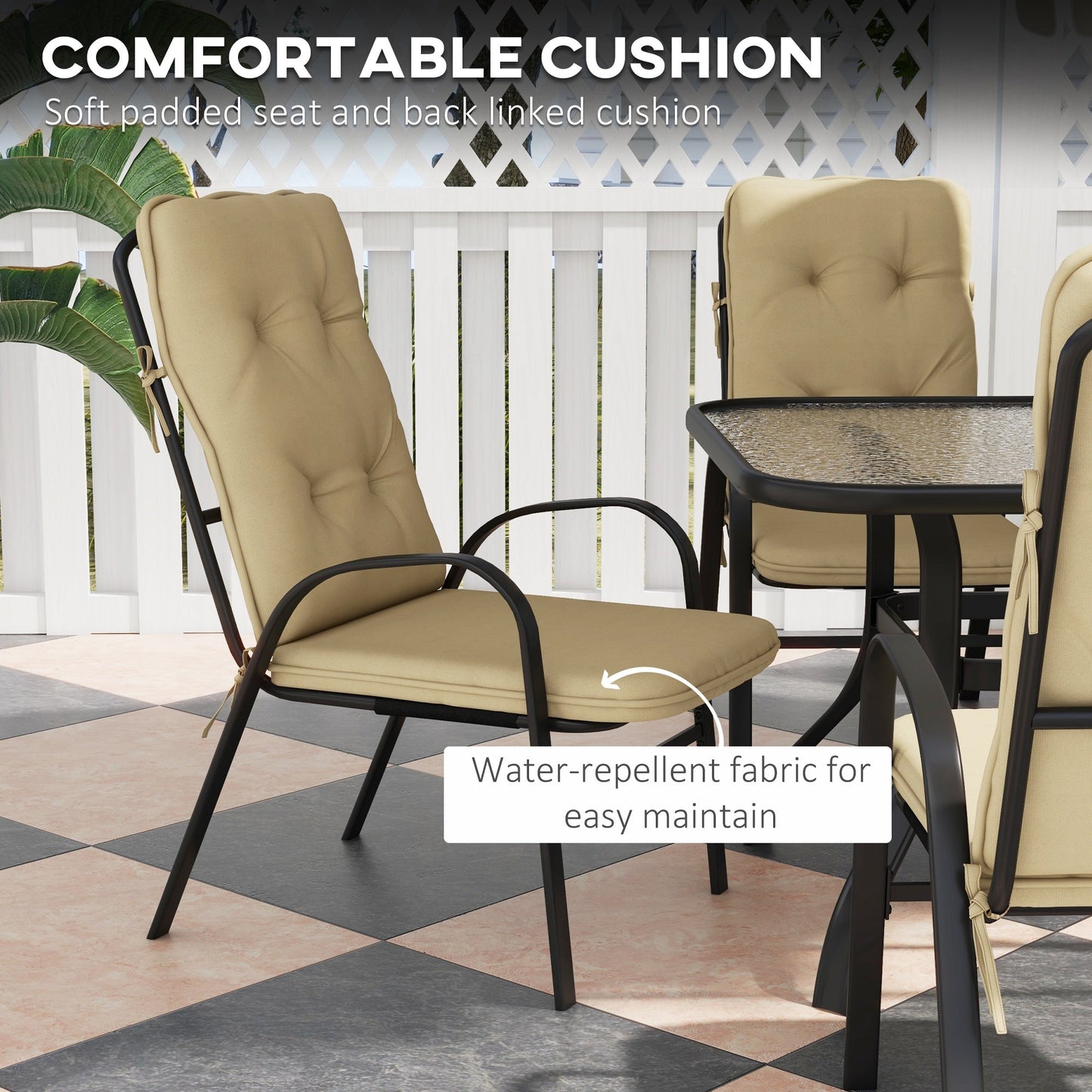 7 Pieces Garden Dining Set, Outdoor Dining Set with Cushions, Tempered Glass Top Table, Umbrella Hole, Texteline Seats, 6 Seater Garden Table and Chairs, Beige