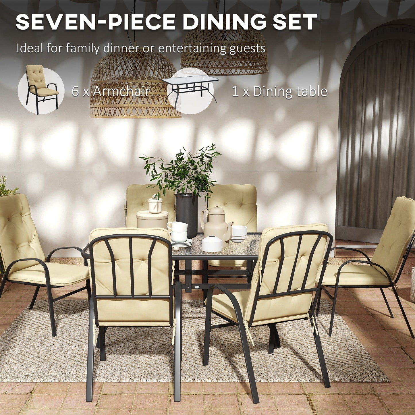 7 Pieces Garden Dining Set, Outdoor Dining Set with Cushions, Tempered Glass Top Table, Umbrella Hole, Texteline Seats, 6 Seater Garden Table and Chairs, Beige