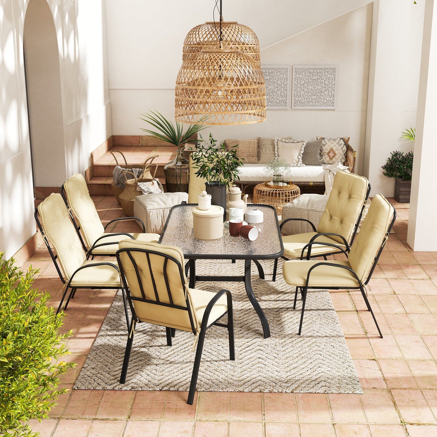 7 Pieces Garden Dining Set, Outdoor Dining Set with Cushions, Tempered Glass Top Table, Umbrella Hole, Texteline Seats, 6 Seater Garden Table and Chairs, Beige