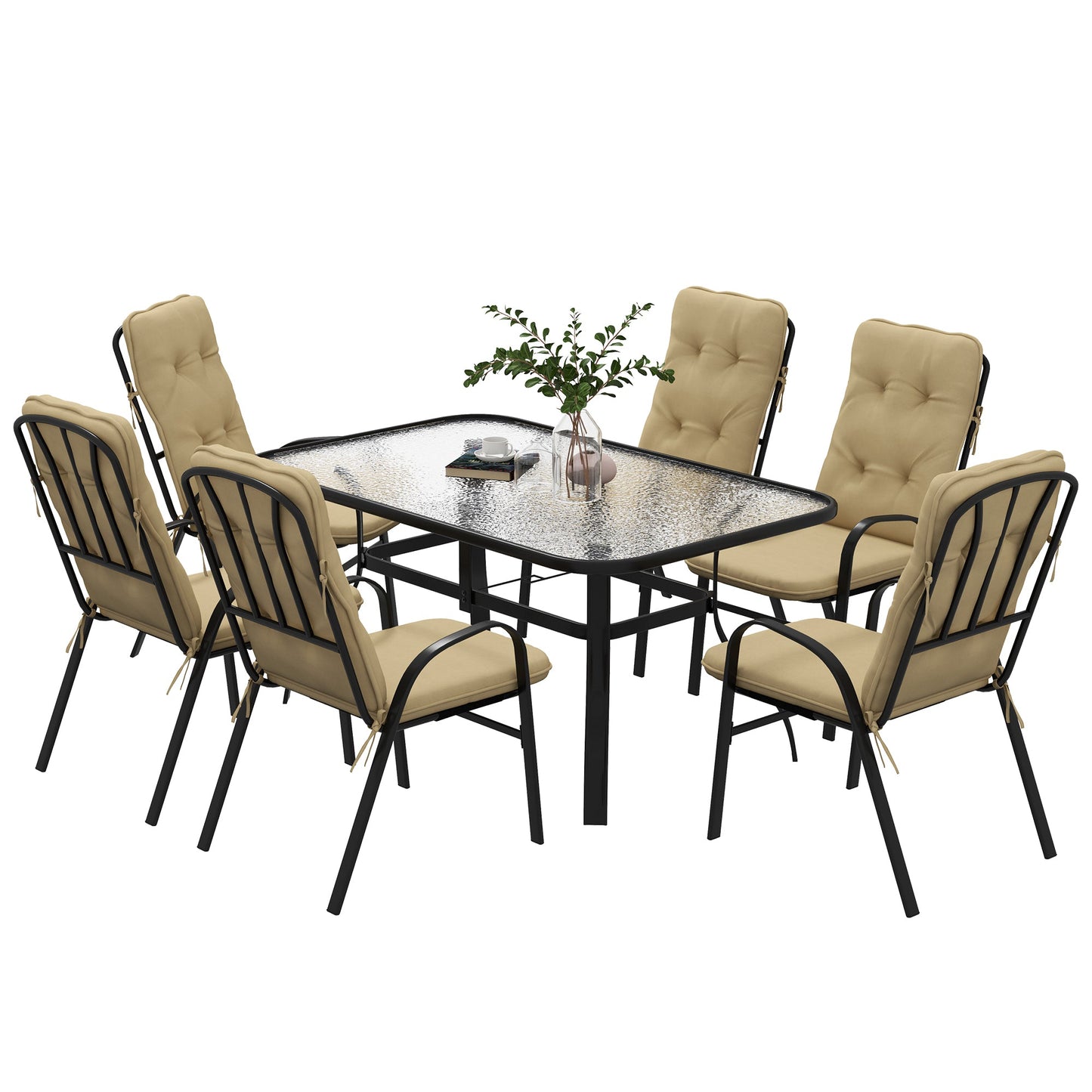 7 Pieces Garden Dining Set, Outdoor Dining Set with Cushions, Tempered Glass Top Table, Umbrella Hole, Texteline Seats, 6 Seater Garden Table and Chairs, Beige