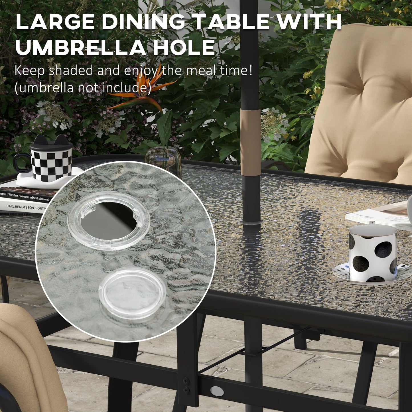 7 Pieces Garden Dining Set, Outdoor Dining Set with Cushions, Tempered Glass Top Table, Umbrella Hole, Texteline Seats, 6 Seater Garden Table and Chairs, Beige