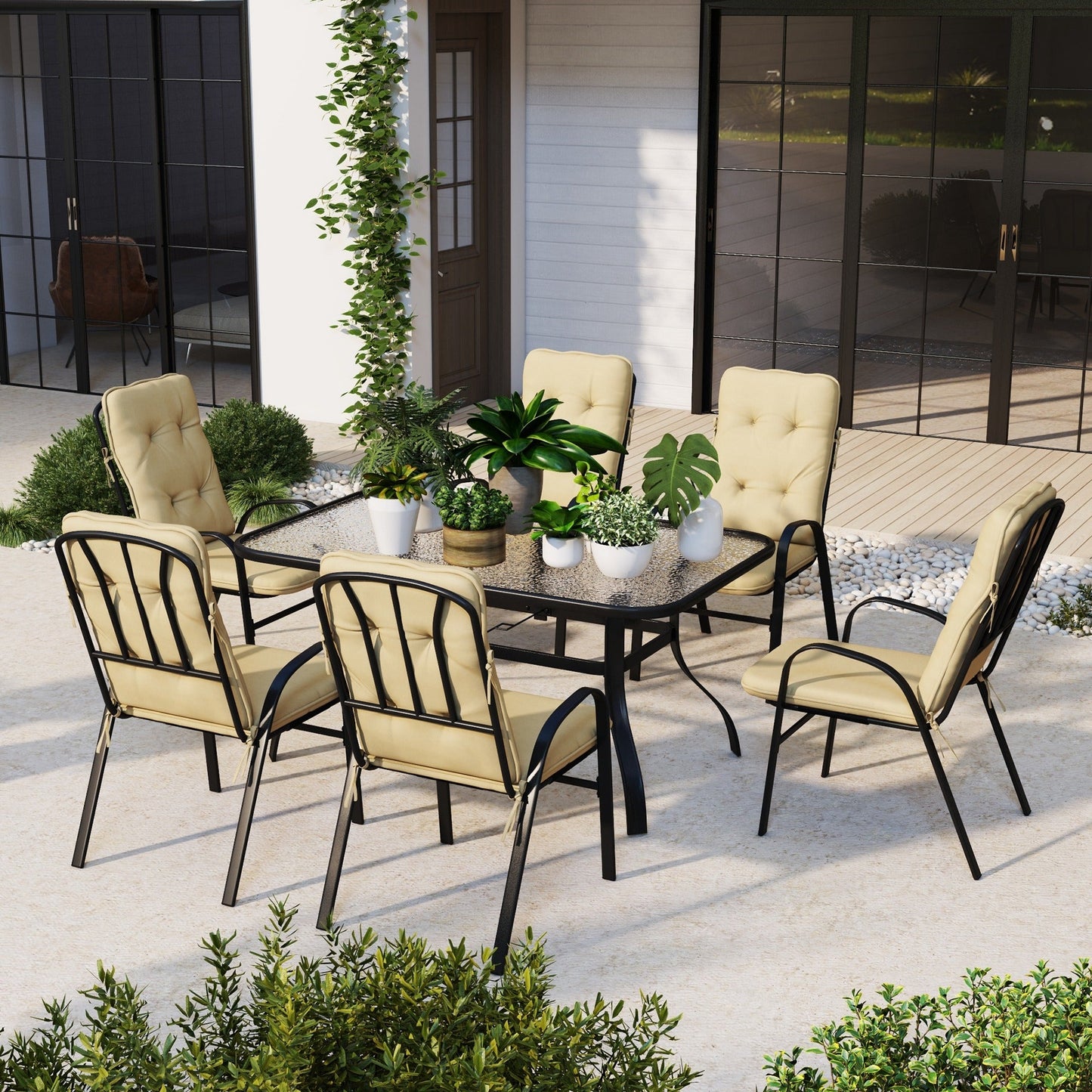 7 Pieces Garden Dining Set, Outdoor Dining Set with Cushions, Tempered Glass Top Table, Umbrella Hole, Texteline Seats, 6 Seater Garden Table and Chairs, Beige