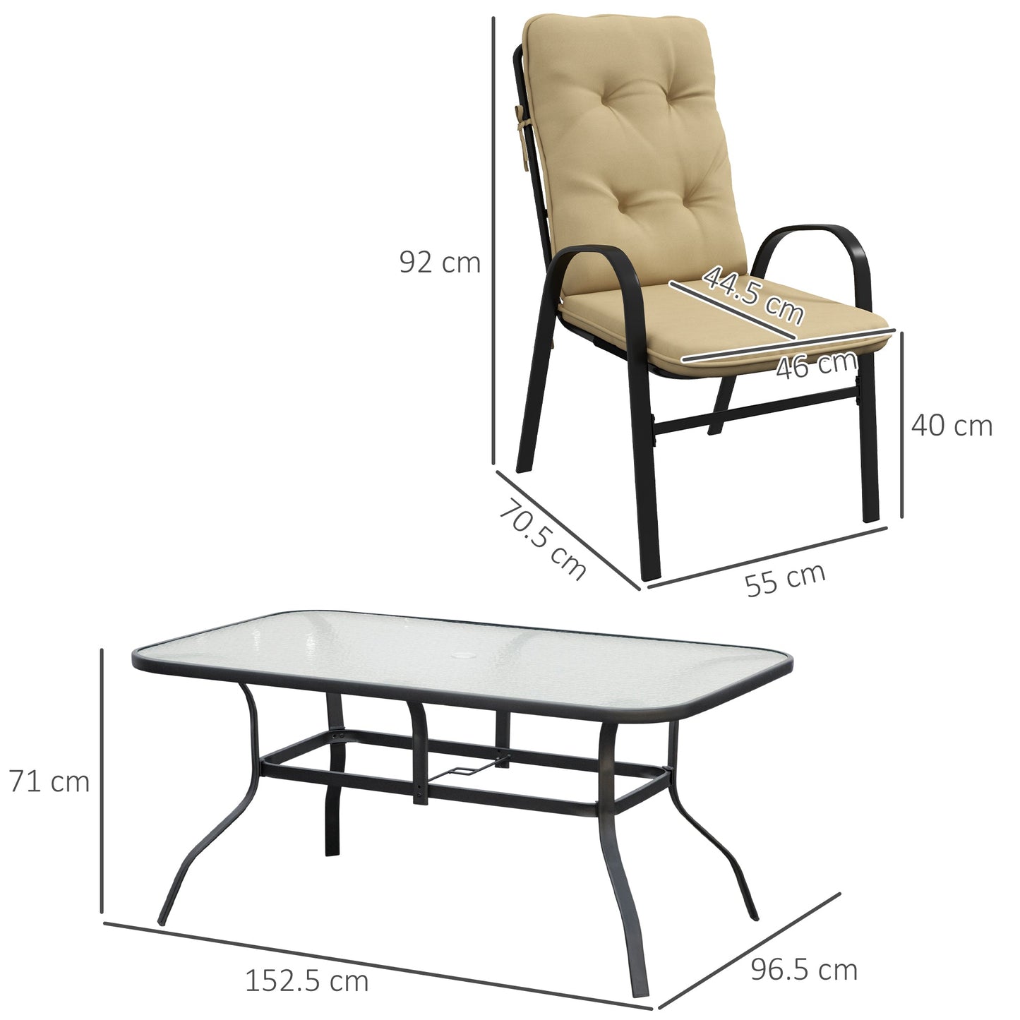 7 Pieces Garden Dining Set, Outdoor Dining Set with Cushions, Tempered Glass Top Table, Umbrella Hole, Texteline Seats, 6 Seater Garden Table and Chairs, Beige