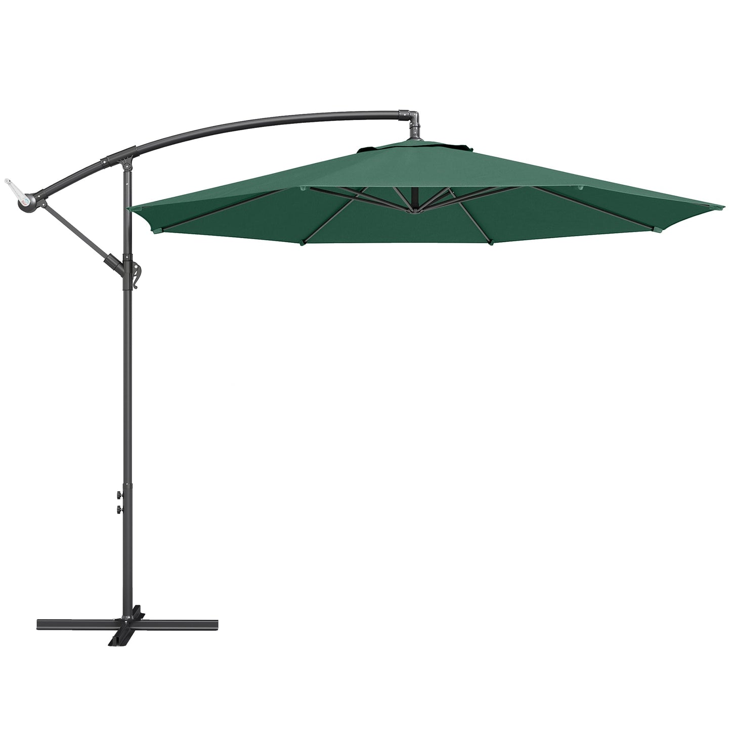3(m) Garden Banana Parasol Hanging Cantilever Umbrella with Crank Handle, 8 Ribs and Cross Base for Outdoor, Sun Shade, Dark Green
