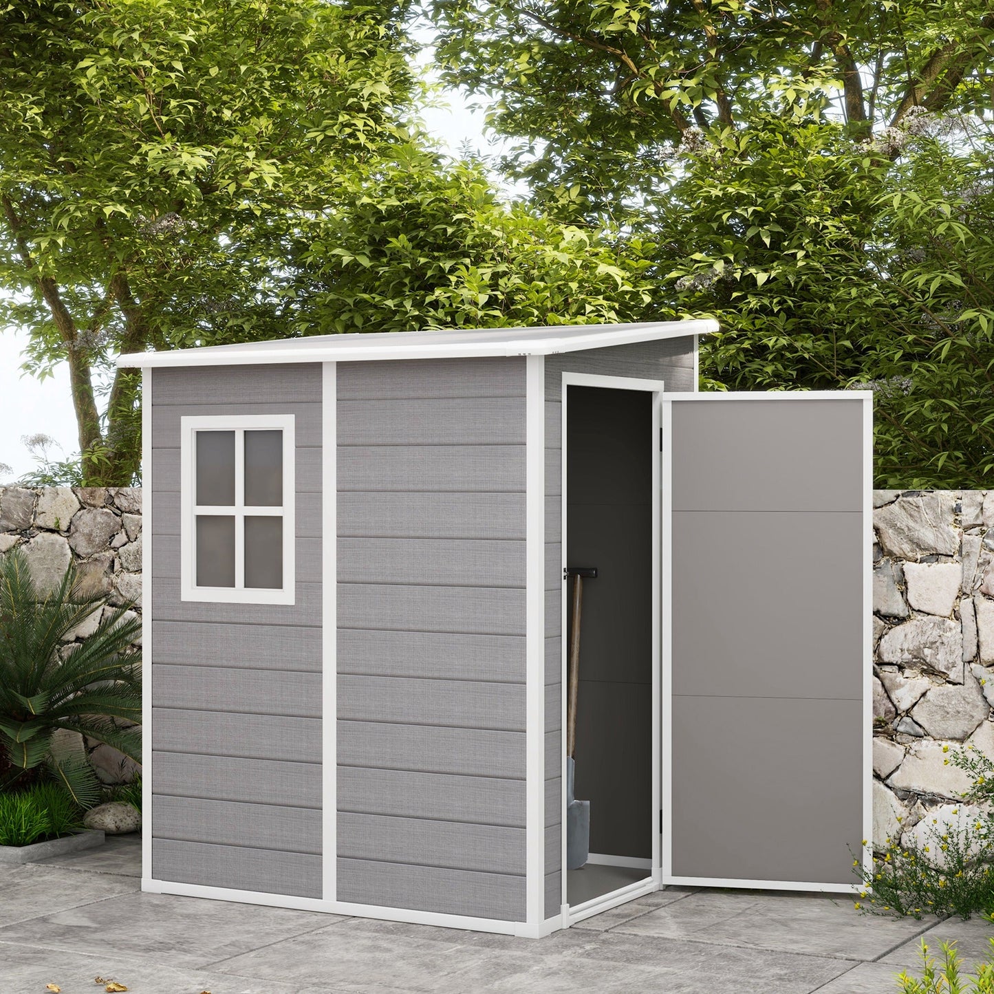 4 x 5FT Plastic Garden Shed with Floor, Lean to Shed, Lockable Tool Storage House with Window, Vent and Plastic Roof, Grey