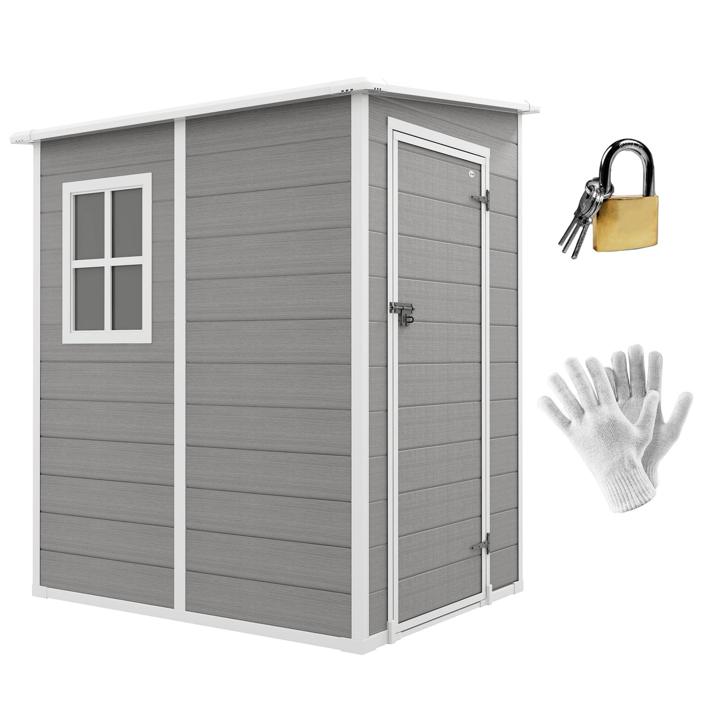 4 x 5FT Plastic Garden Shed with Floor, Lean to Shed, Lockable Tool Storage House with Window, Vent and Plastic Roof, Grey