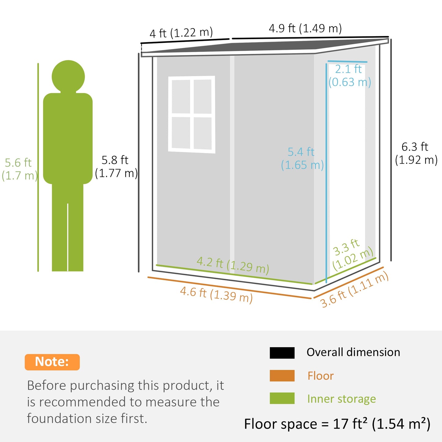 4 x 5FT Plastic Garden Shed with Floor, Lean to Shed, Lockable Tool Storage House with Window, Vent and Plastic Roof, Grey
