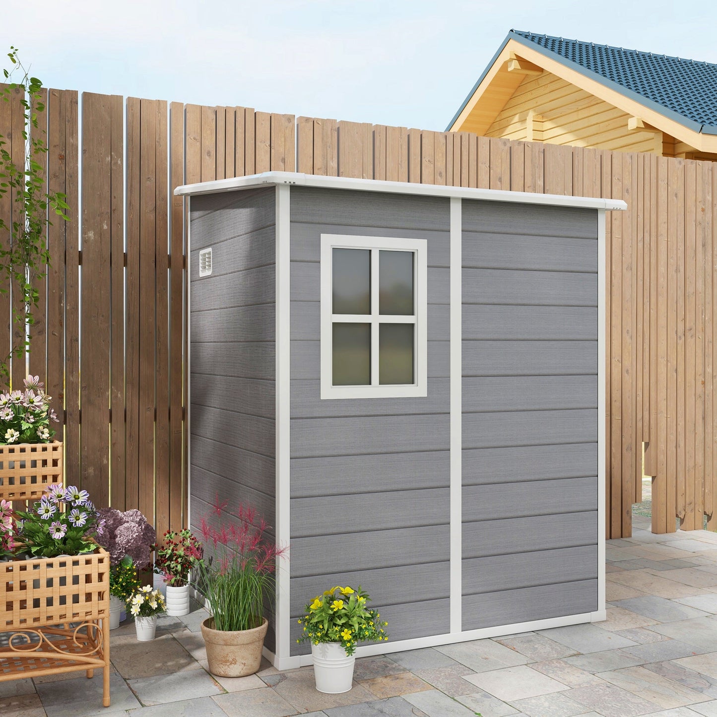 4 x 5FT Plastic Garden Shed with Floor, Lean to Shed, Lockable Tool Storage House with Window, Vent and Plastic Roof, Grey