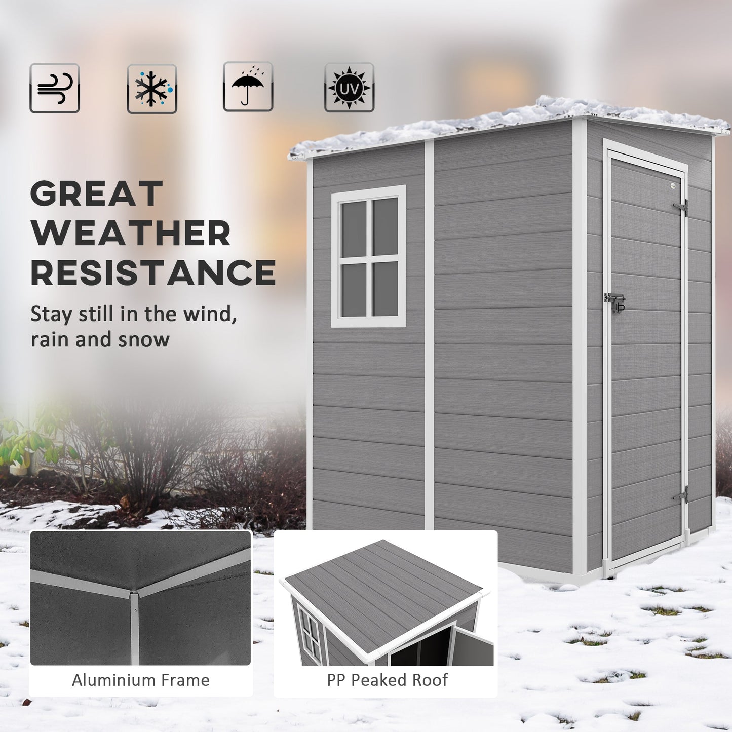 4 x 5FT Plastic Garden Shed with Floor, Lean to Shed, Lockable Tool Storage House with Window, Vent and Plastic Roof, Grey