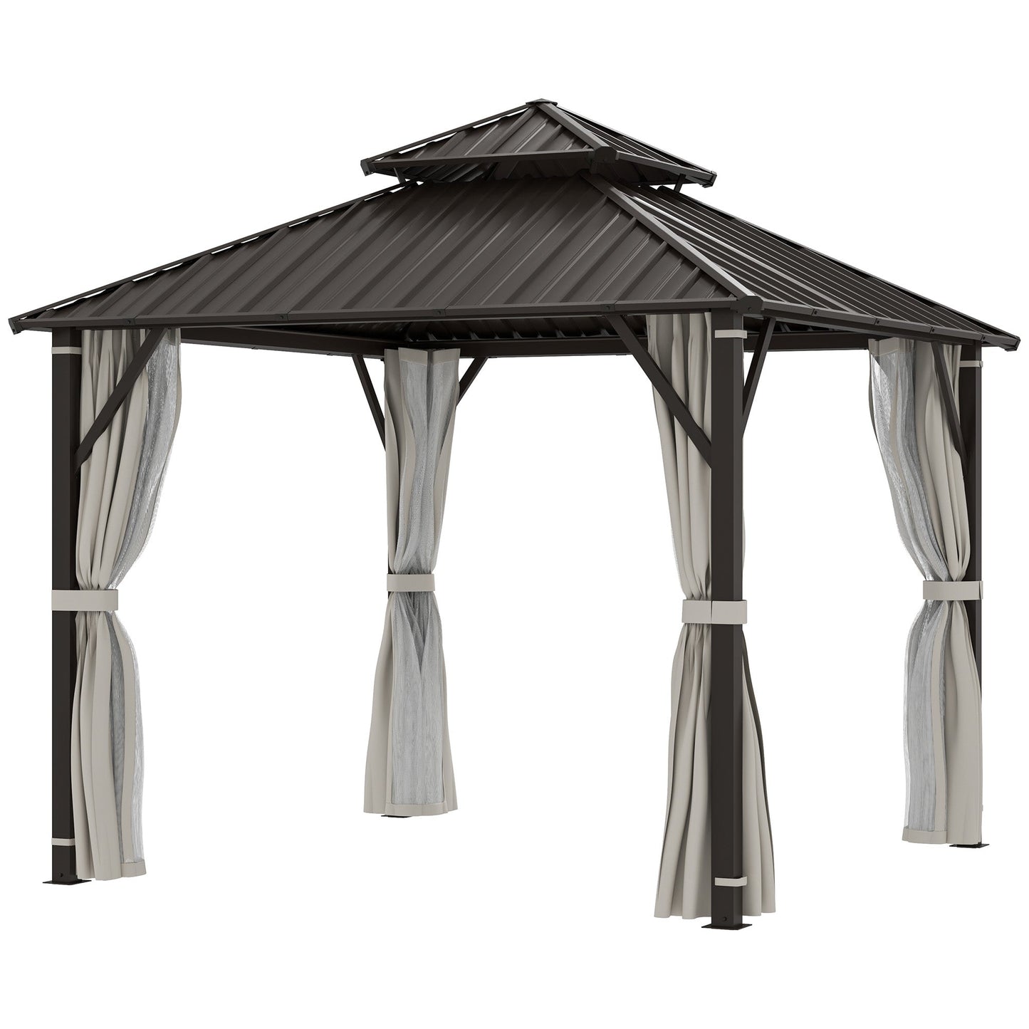 3 x 3(m) Hardtop Gazebo Canopy with Double Metal Roof, Waterproof Permanent Pavilion Garden Gazebo with Netting and Curtains, Easy to Assemble