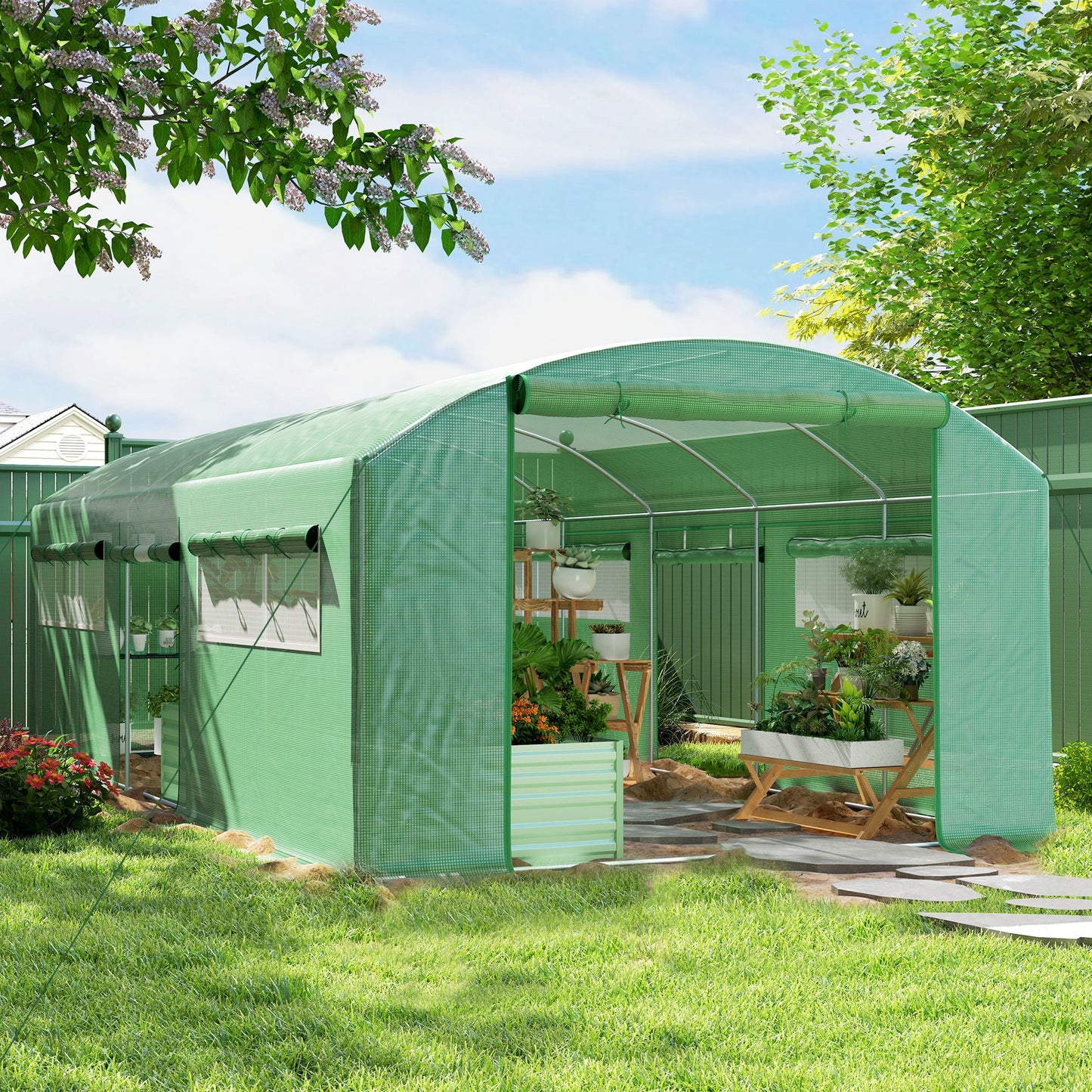 6 x 3 x 2m Polytunnel Greenhouse with 3 Roll-up Doors and Mesh Windows, Walk-in Garden Tunnel Warm House Tent with UV-resistant PE Cover and Galvanised Steel Frame, Green