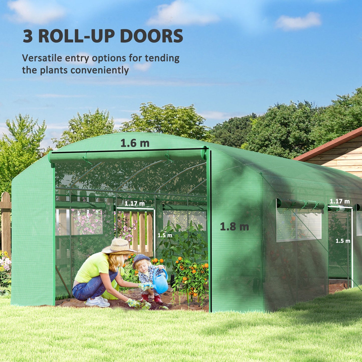 6 x 3 x 2m Polytunnel Greenhouse with 3 Roll-up Doors and Mesh Windows, Walk-in Garden Tunnel Warm House Tent with UV-resistant PE Cover and Galvanised Steel Frame, Green
