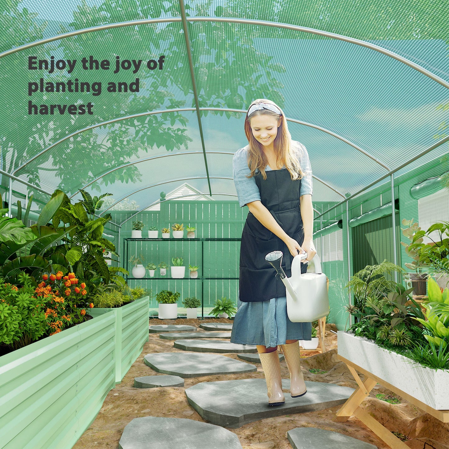 6 x 3 x 2m Polytunnel Greenhouse with 3 Roll-up Doors and Mesh Windows, Walk-in Garden Tunnel Warm House Tent with UV-resistant PE Cover and Galvanised Steel Frame, Green