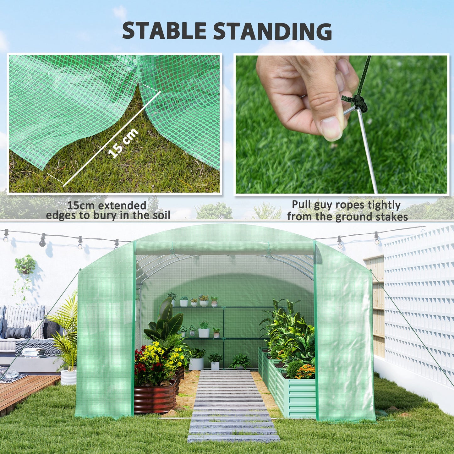 6 x 3 x 2m Polytunnel Greenhouse with 3 Roll-up Doors and Mesh Windows, Walk-in Garden Tunnel Warm House Tent with UV-resistant PE Cover and Galvanised Steel Frame, Green