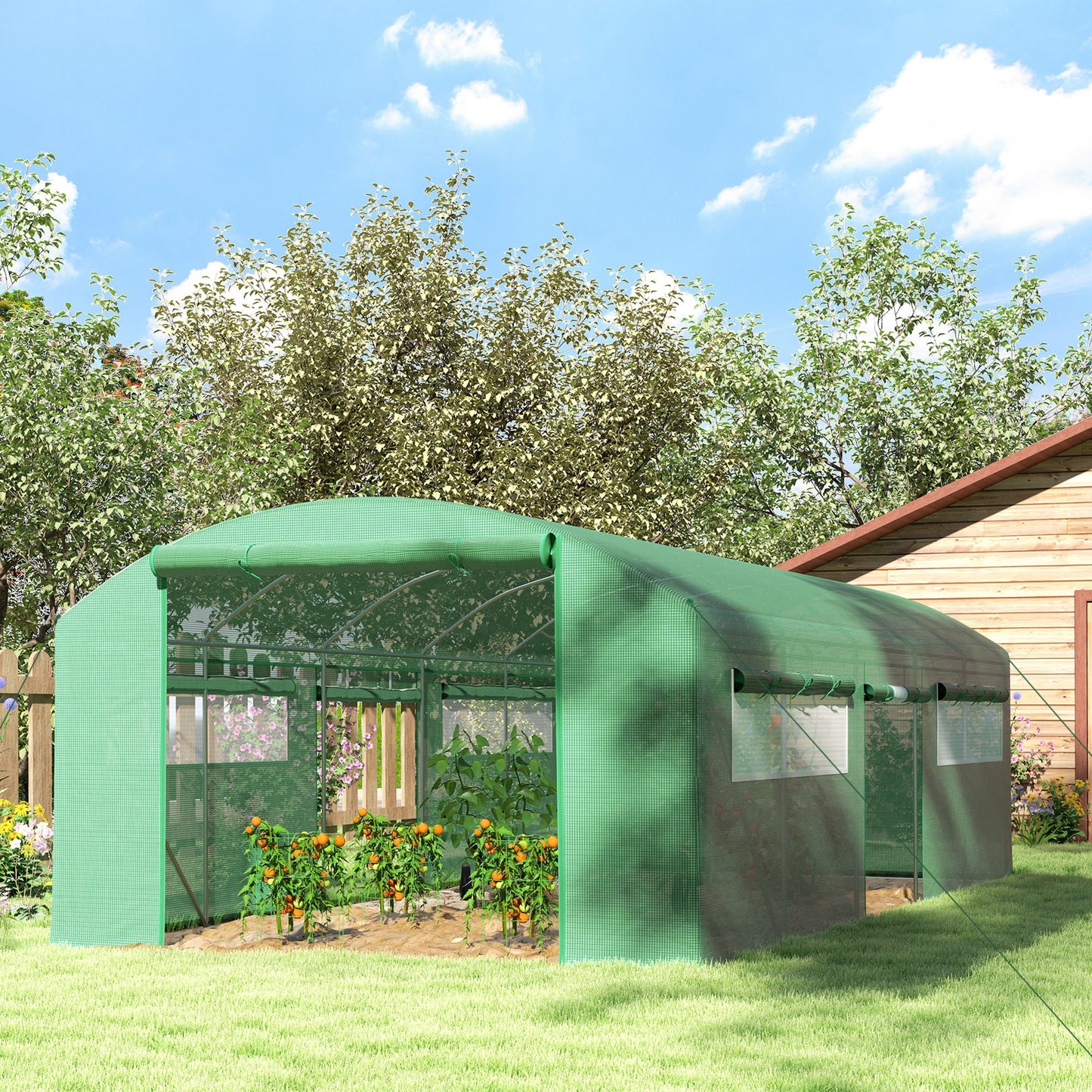 6 x 3 x 2m Polytunnel Greenhouse with 3 Roll-up Doors and Mesh Windows, Walk-in Garden Tunnel Warm House Tent with UV-resistant PE Cover and Galvanised Steel Frame, Green