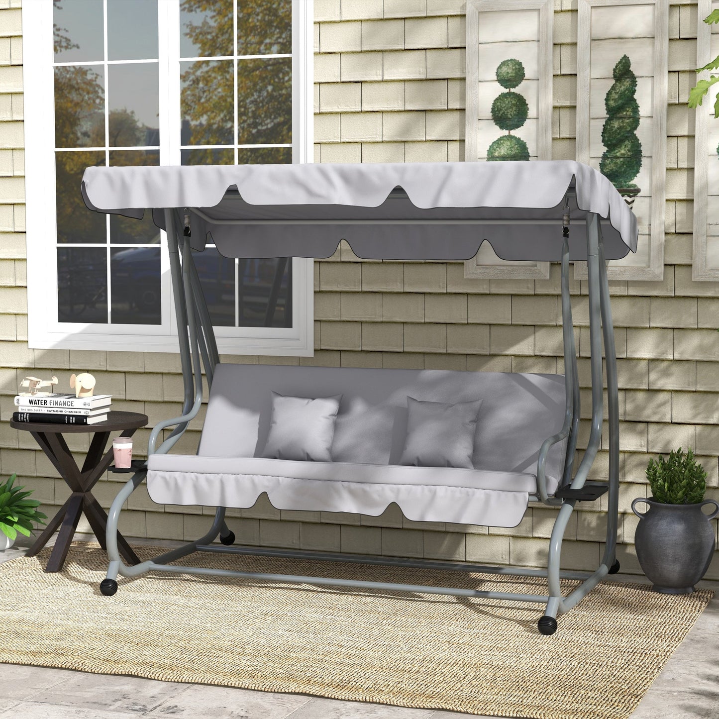 2-in-1 Garden Swing Seat Bed, 3 Seater Convertible Swing Chair Bench with Tilting Canopy, Cushioned Seat and 2 Pillows for Patio, Garden, Light Grey