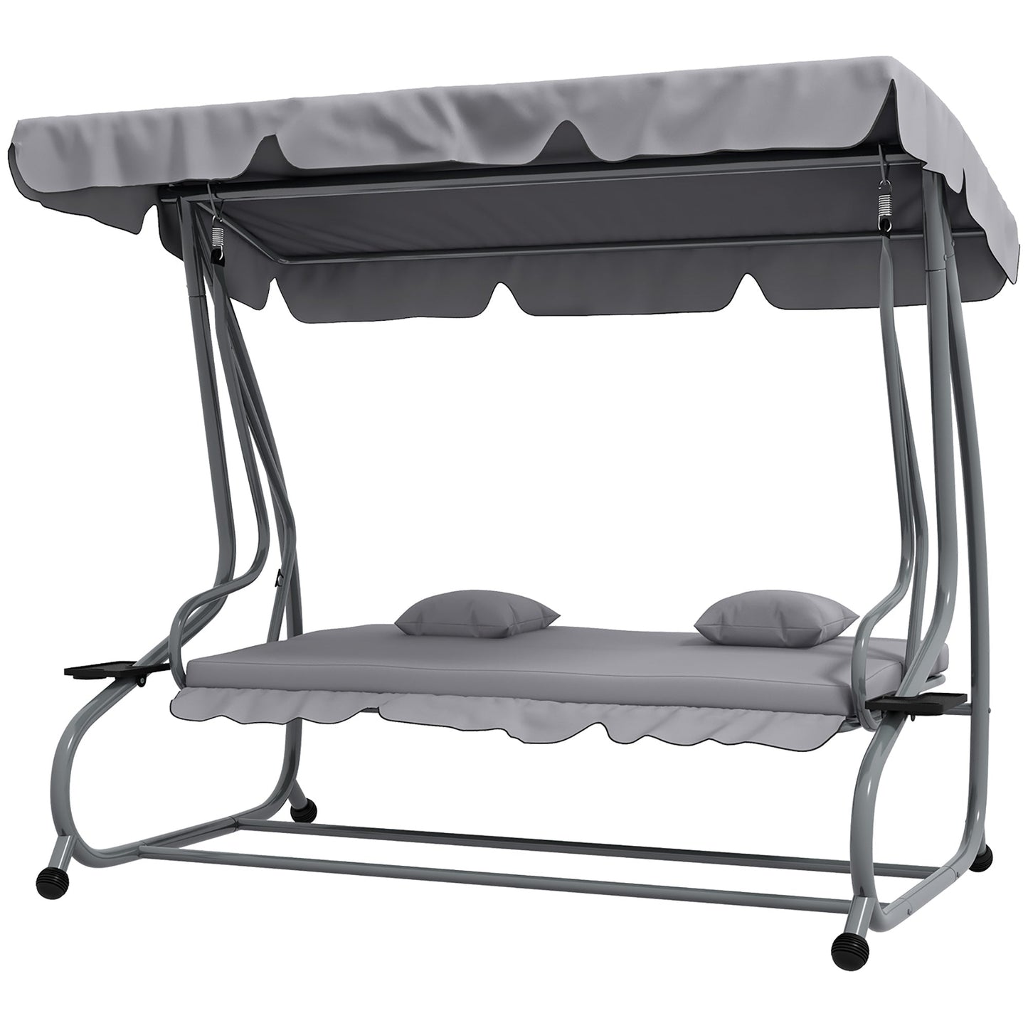 2-in-1 Garden Swing Seat Bed, 3 Seater Convertible Swing Chair Bench with Tilting Canopy, Cushioned Seat and 2 Pillows for Patio, Garden, Light Grey