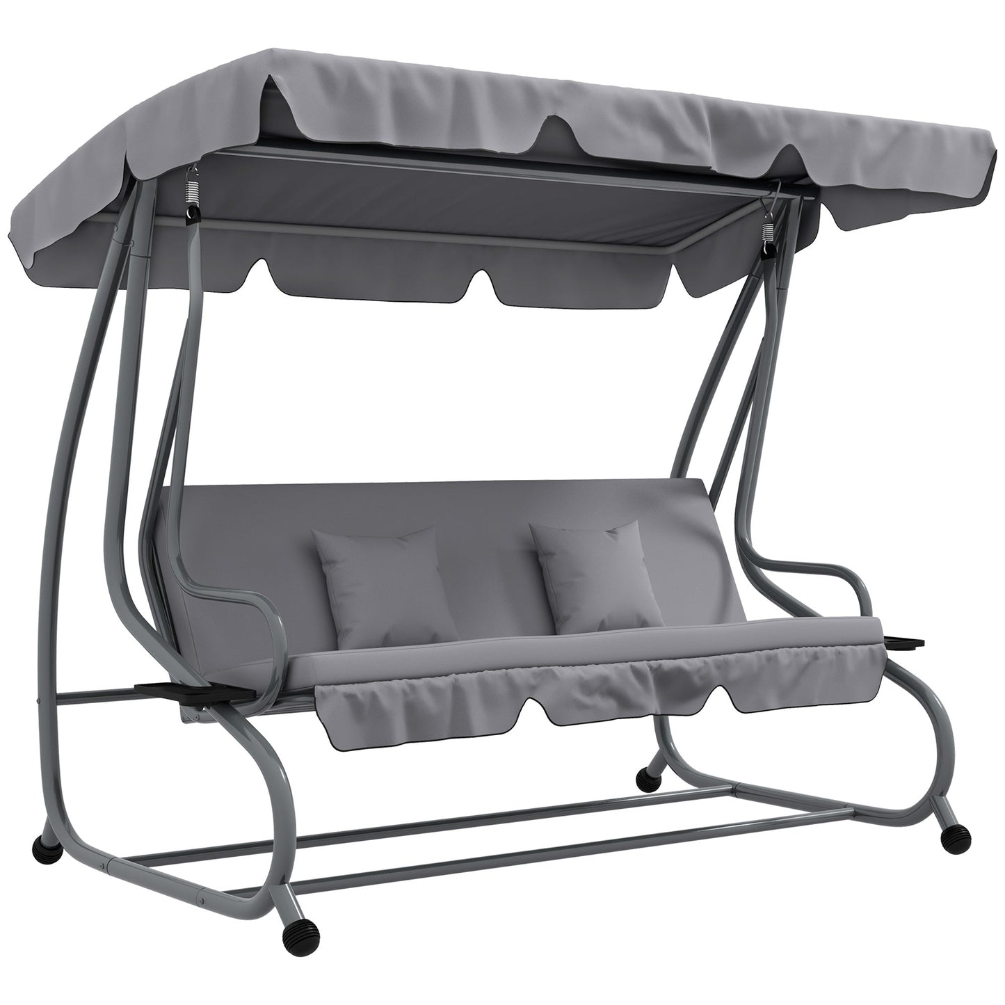 2-in-1 Garden Swing Seat Bed, 3 Seater Convertible Swing Chair Bench with Tilting Canopy, Cushioned Seat and 2 Pillows for Patio, Garden, Light Grey