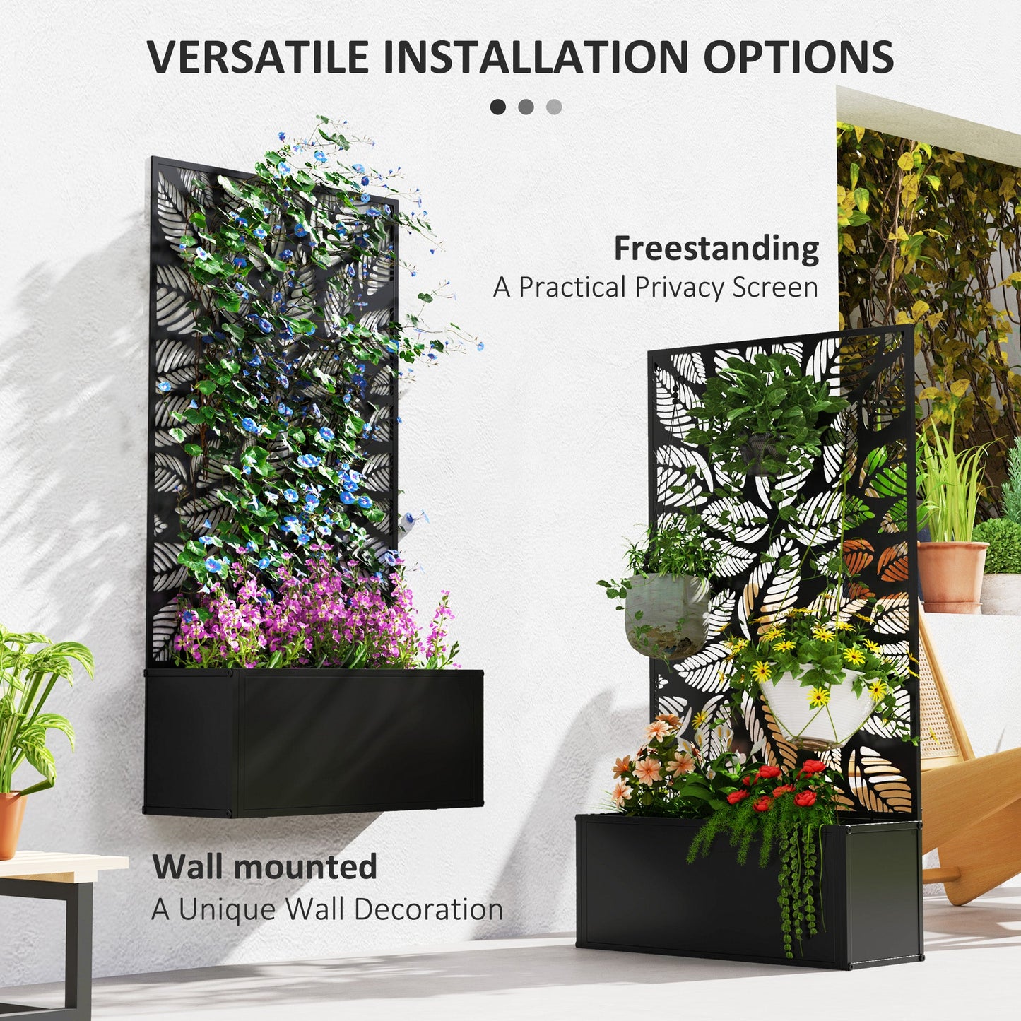 Metal Garden Bed with Trellis, Wall Mounted or Freestanding Raised Planter with Privacy Panel, Leaf Cut-out Privacy Screen with Planter Box for Climbing Plants, Flowers, Vegetables