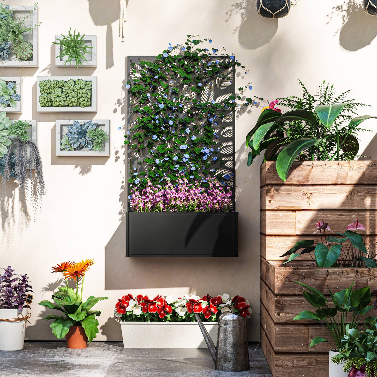 Metal Garden Bed with Trellis, Wall Mounted or Freestanding Raised Planter with Privacy Panel, Leaf Cut-out Privacy Screen with Planter Box for Climbing Plants, Flowers, Vegetables