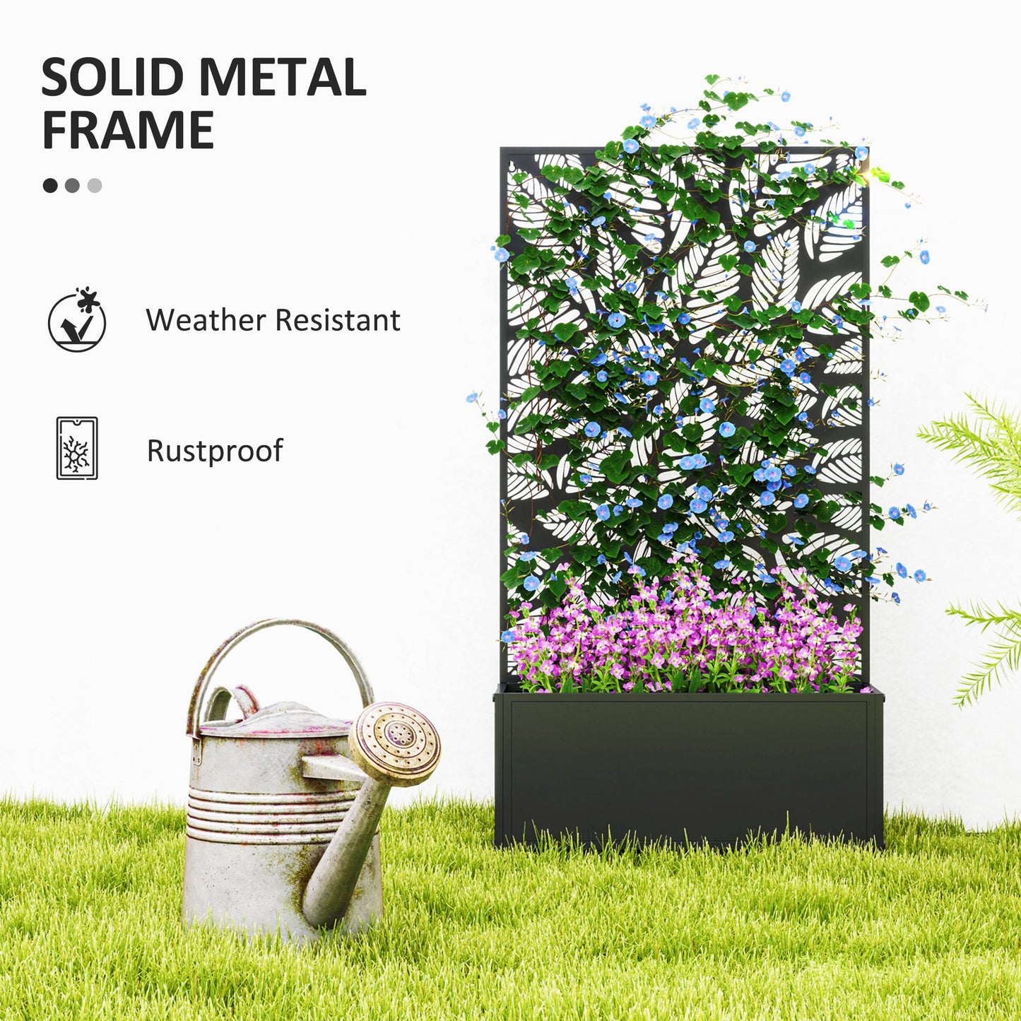 Metal Garden Bed with Trellis, Wall Mounted or Freestanding Raised Planter with Privacy Panel, Leaf Cut-out Privacy Screen with Planter Box for Climbing Plants, Flowers, Vegetables