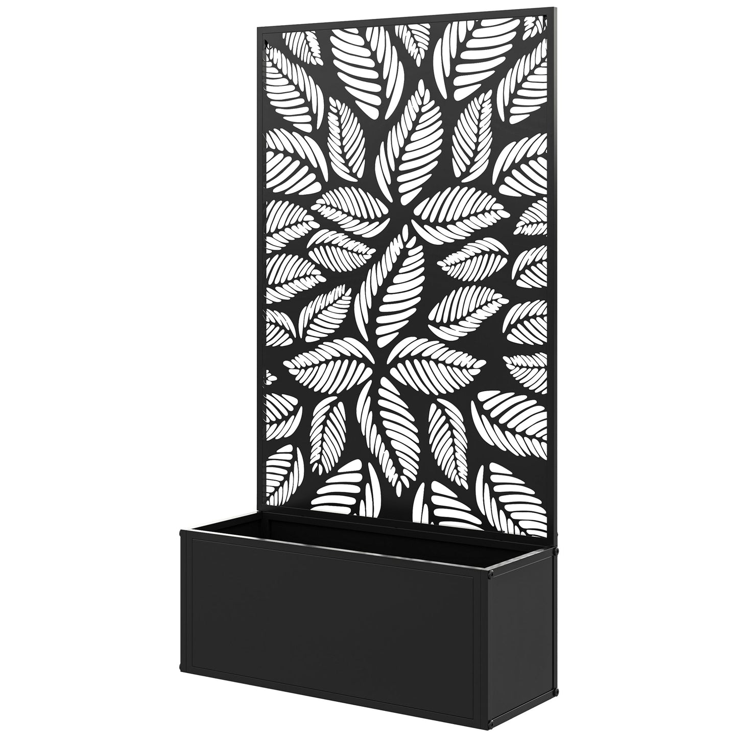 Metal Garden Bed with Trellis, Wall Mounted or Freestanding Raised Planter with Privacy Panel, Leaf Cut-out Privacy Screen with Planter Box for Climbing Plants, Flowers, Vegetables