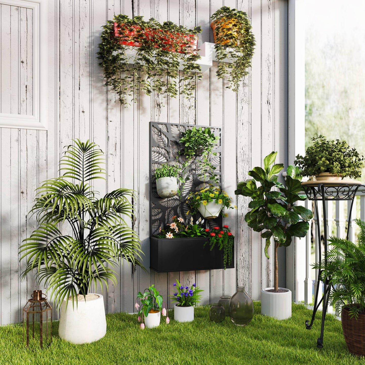 Metal Garden Bed with Trellis, Wall Mounted or Freestanding Raised Planter with Privacy Panel, Leaf Cut-out Privacy Screen with Planter Box for Climbing Plants, Flowers, Vegetables