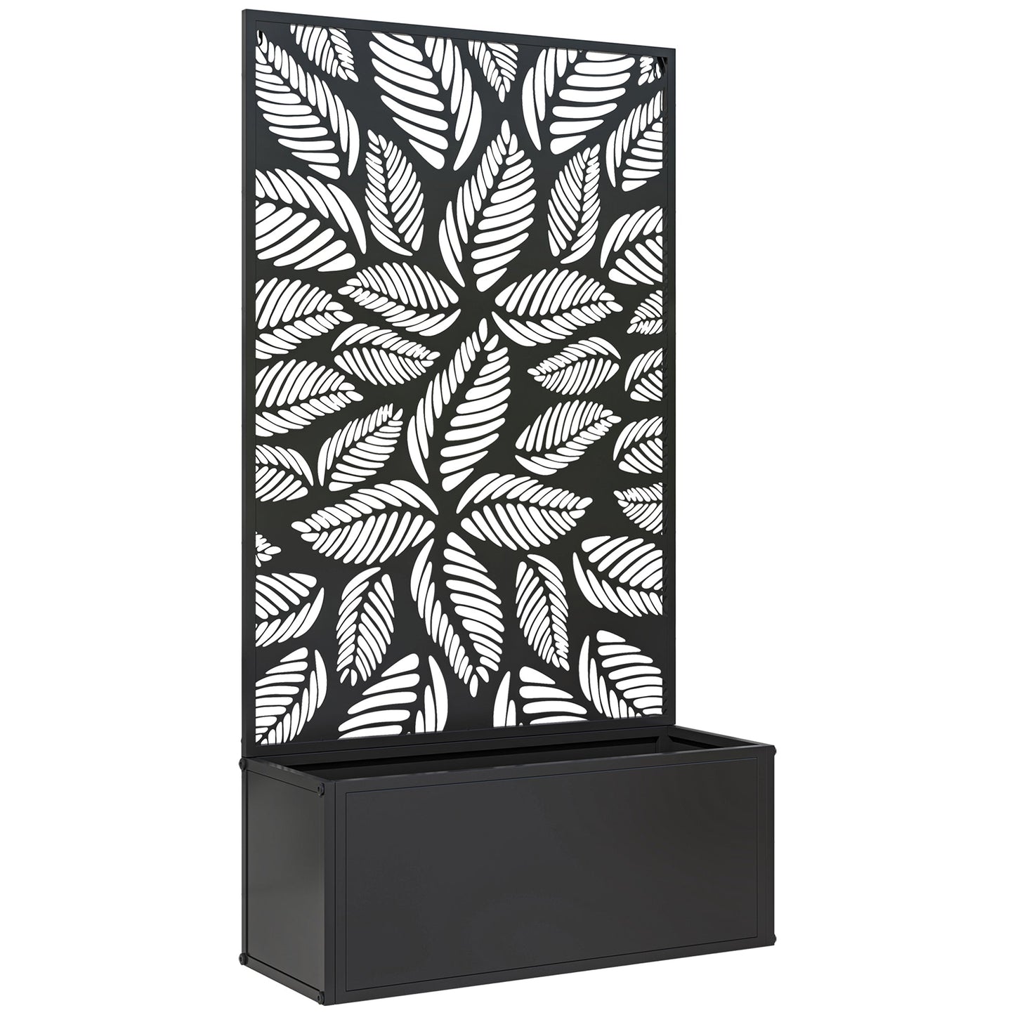 Metal Garden Bed with Trellis, Wall Mounted or Freestanding Raised Planter with Privacy Panel, Leaf Cut-out Privacy Screen with Planter Box for Climbing Plants, Flowers, Vegetables