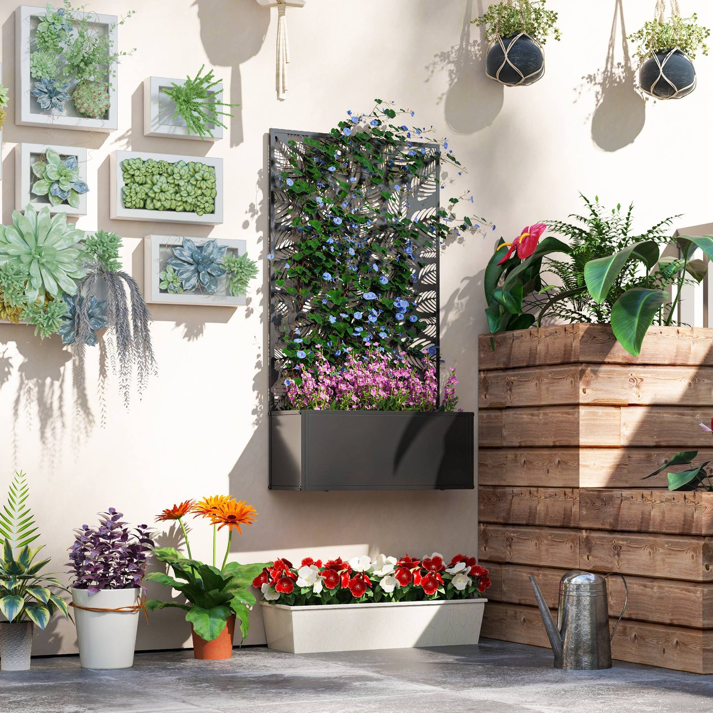 Metal Garden Bed with Trellis, Wall Mounted or Freestanding Raised Planter with Privacy Panel, Leaf Cut-out Privacy Screen with Planter Box for Climbing Plants, Flowers, Vegetables