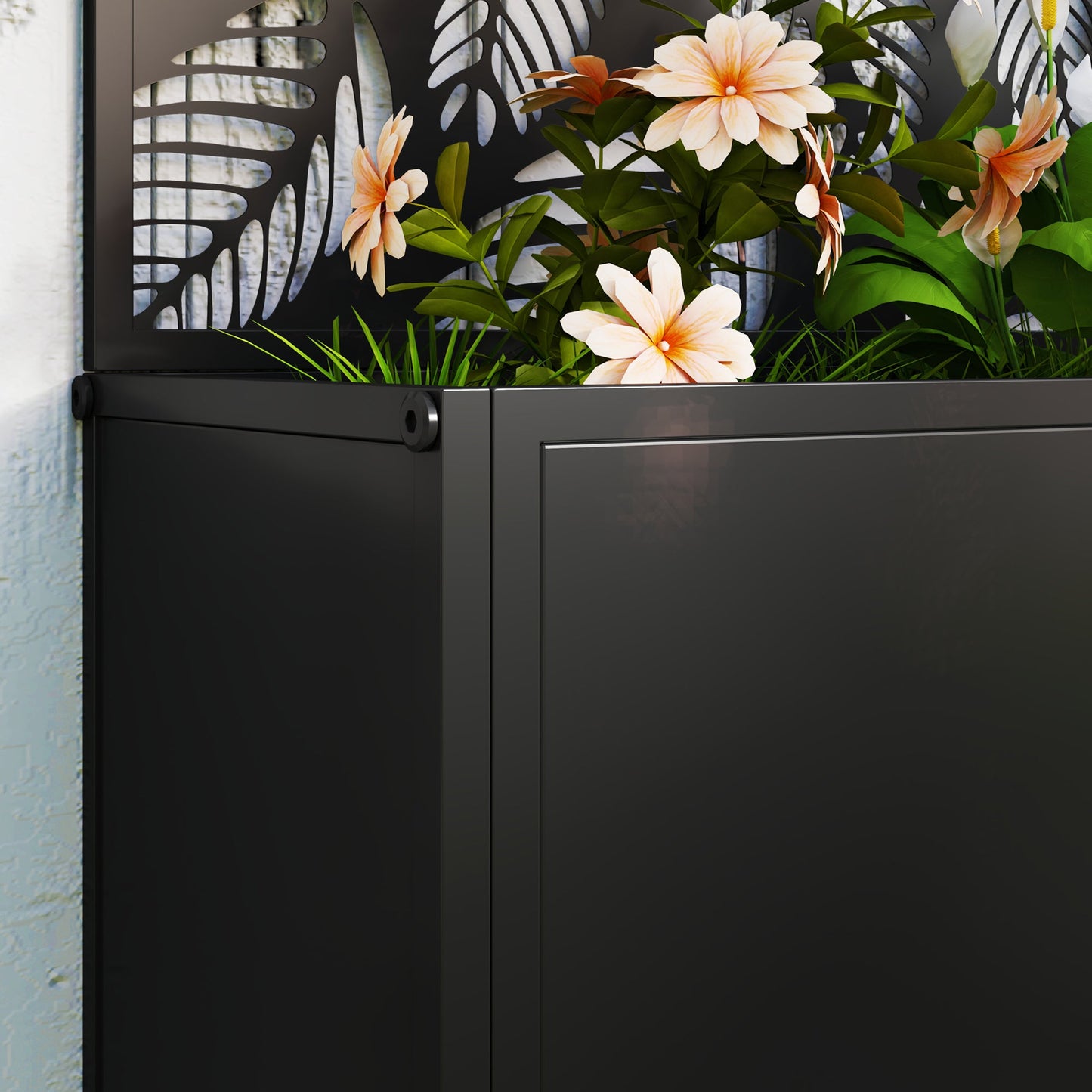 Metal Garden Bed with Trellis, Wall Mounted or Freestanding Raised Planter with Privacy Panel, Leaf Cut-out Privacy Screen with Planter Box for Climbing Plants, Flowers, Vegetables