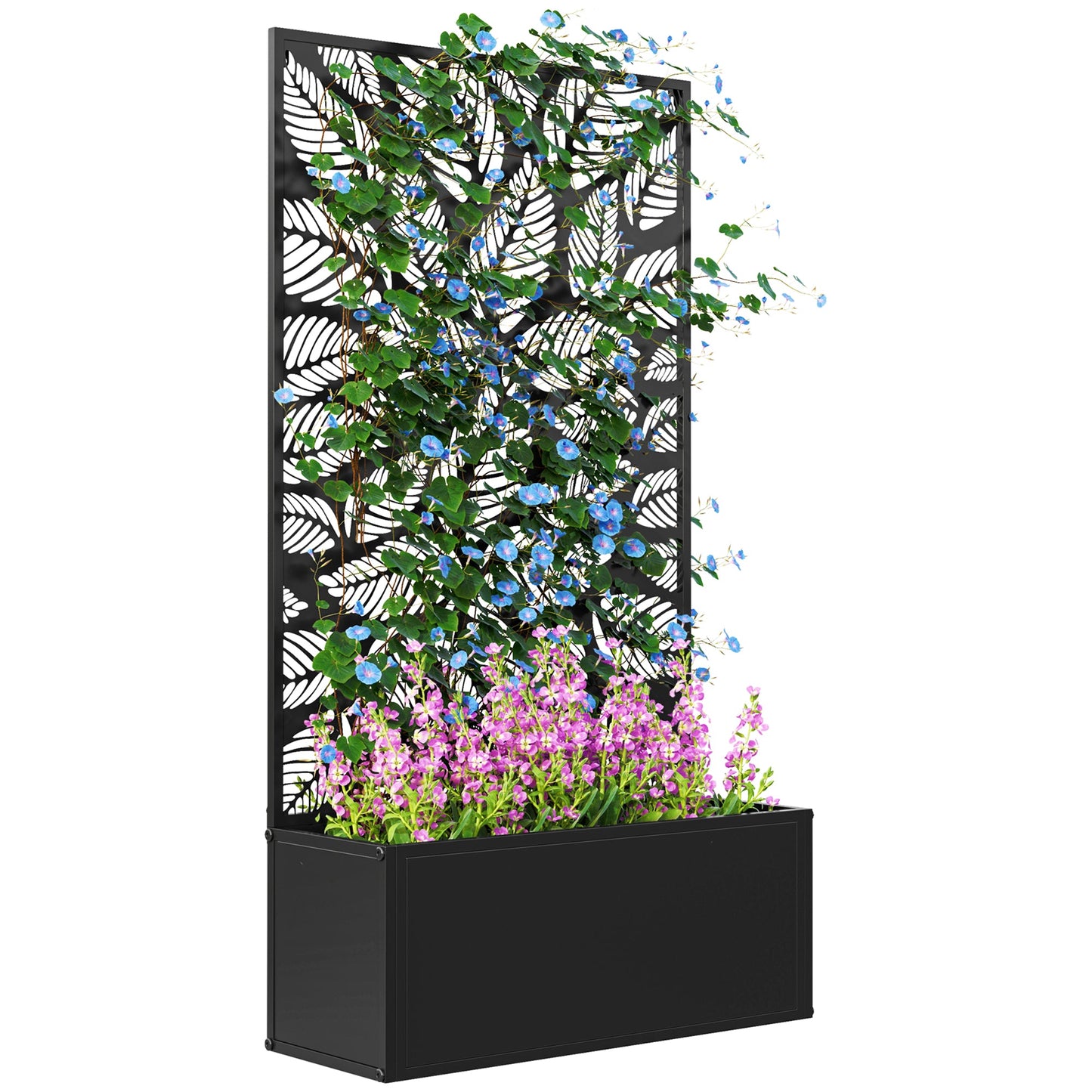 Metal Garden Bed with Trellis, Wall Mounted or Freestanding Raised Planter with Privacy Panel, Leaf Cut-out Privacy Screen with Planter Box for Climbing Plants, Flowers, Vegetables