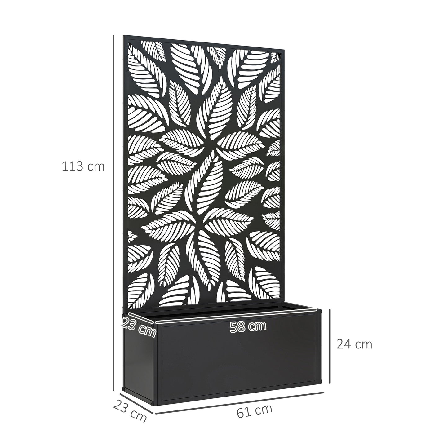 Metal Garden Bed with Trellis, Wall Mounted or Freestanding Raised Planter with Privacy Panel, Leaf Cut-out Privacy Screen with Planter Box for Climbing Plants, Flowers, Vegetables