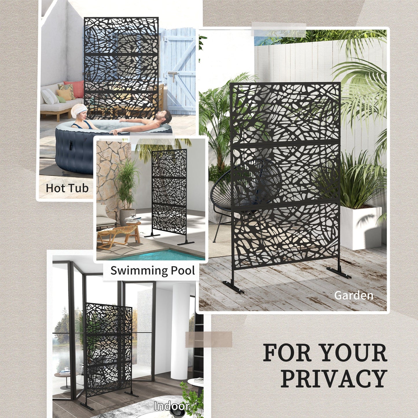 Decorative Garden Privacy Screen with Stand, 6.5FT Freestanding Metal Outdoor Divider, Decorative Privacy Panel with Expansion Screws for Garden Pool Hot Tub, Twisted Line Style, Black