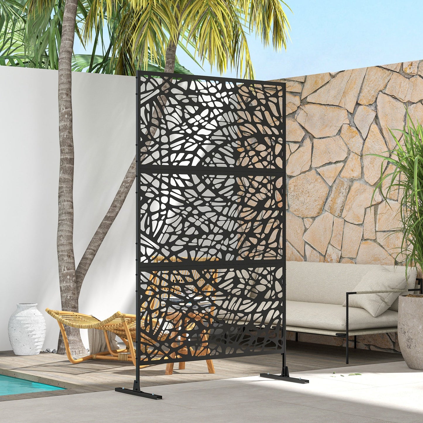 Decorative Garden Privacy Screen with Stand, 6.5FT Freestanding Metal Outdoor Divider, Decorative Privacy Panel with Expansion Screws for Garden Pool Hot Tub, Twisted Line Style, Black