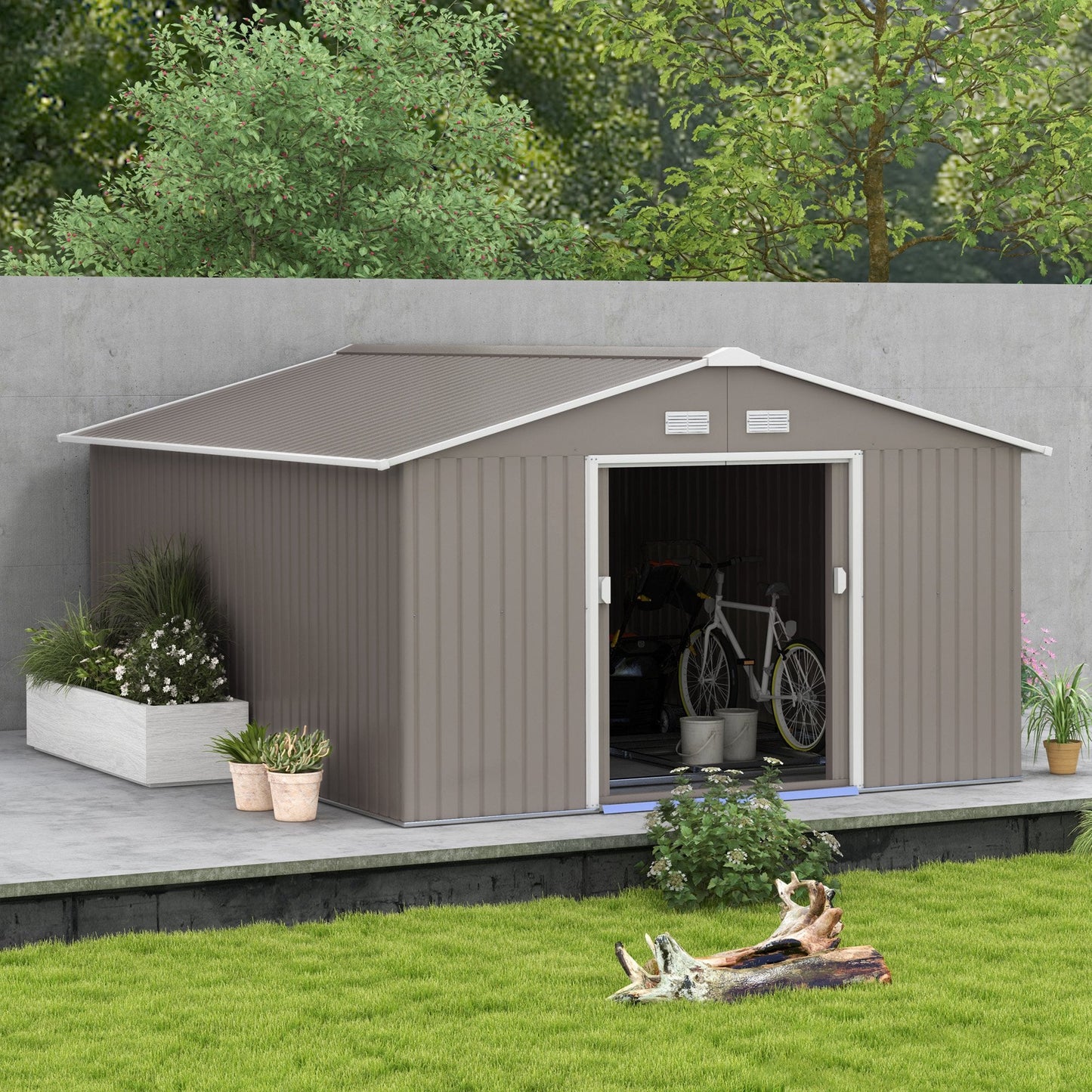 13 x 11ft Metal Garden Shed, Outdoor Storage Tool House with Ventilation Slots, Foundation Kit and Lockable Double Doors, Light Grey
