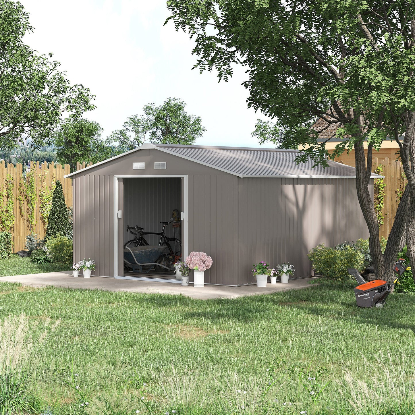 13 x 11ft Metal Garden Shed, Outdoor Storage Tool House with Ventilation Slots, Foundation Kit and Lockable Double Doors, Light Grey