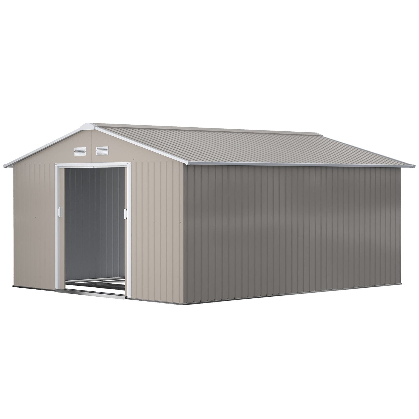 13 x 11ft Metal Garden Shed, Outdoor Storage Tool House with Ventilation Slots, Foundation Kit and Lockable Double Doors, Light Grey