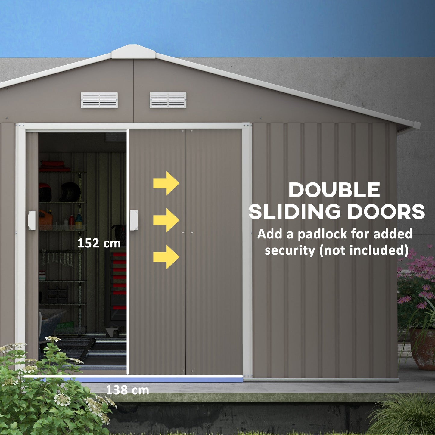 13 x 11ft Metal Garden Shed, Outdoor Storage Tool House with Ventilation Slots, Foundation Kit and Lockable Double Doors, Light Grey