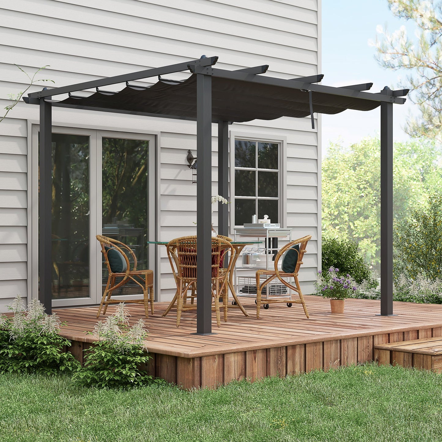 3 x 3(m) Pergola with Retractable Roof, Aluminium Frame Garden Gazebo Canopy Outdoor Sun Shade Shelter for Grill, Patio, Deck, Dark Grey
