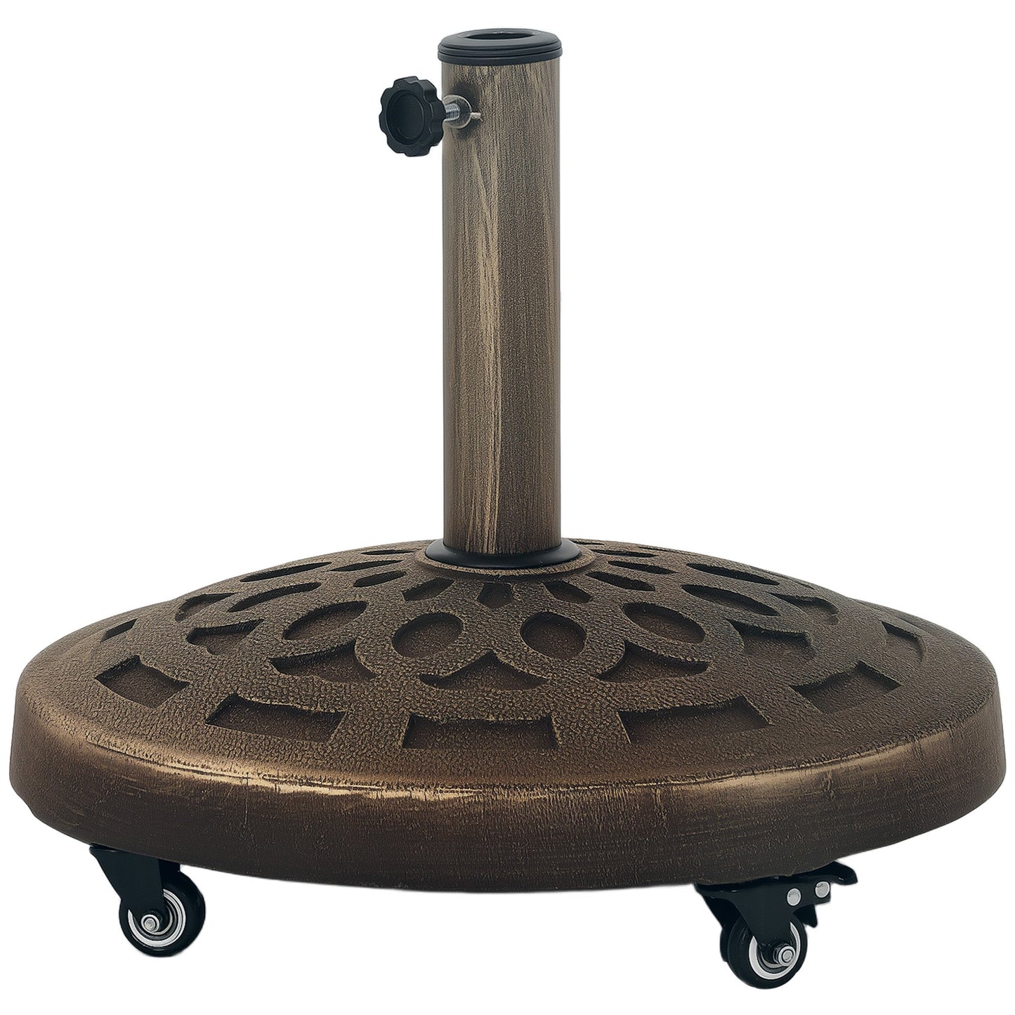 21kg Resin Garden Parasol Base with Wheels, Round Umbrella Stand, Heavy Duty Sun Umbrella Base for 34, 38, 48 mm Umbrella Poles for Deck Poolside, Bronze Tone