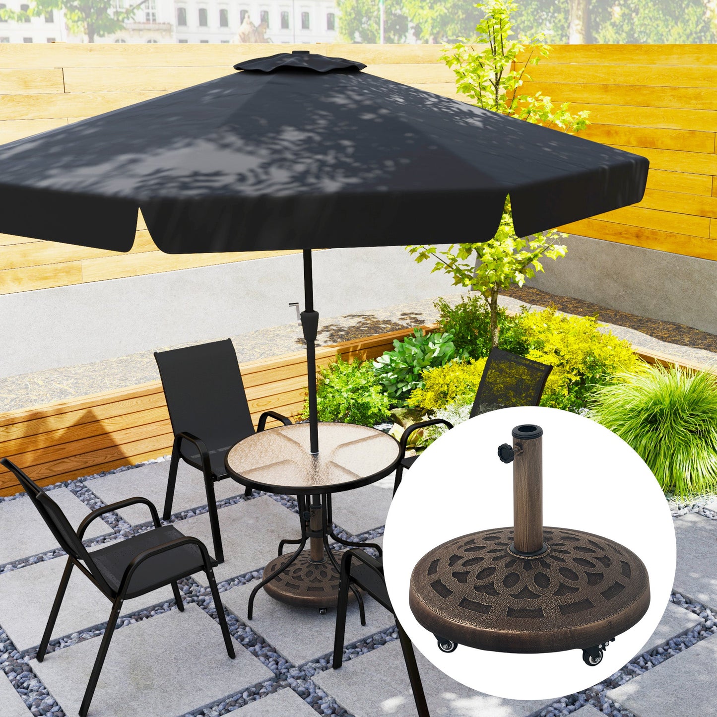 21kg Resin Garden Parasol Base with Wheels, Round Umbrella Stand, Heavy Duty Sun Umbrella Base for 34, 38, 48 mm Umbrella Poles for Deck Poolside, Bronze Tone