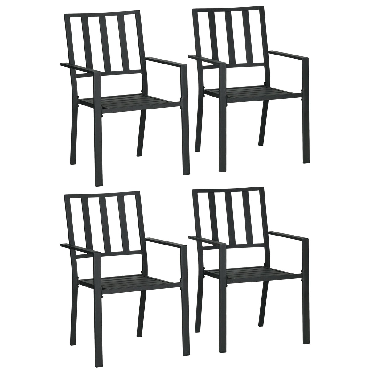 Set of 4 Garden Chairs, Stackable Outdoor Chairs with Metal Slatted Seat & Backrest, for Yard, Garden, Black