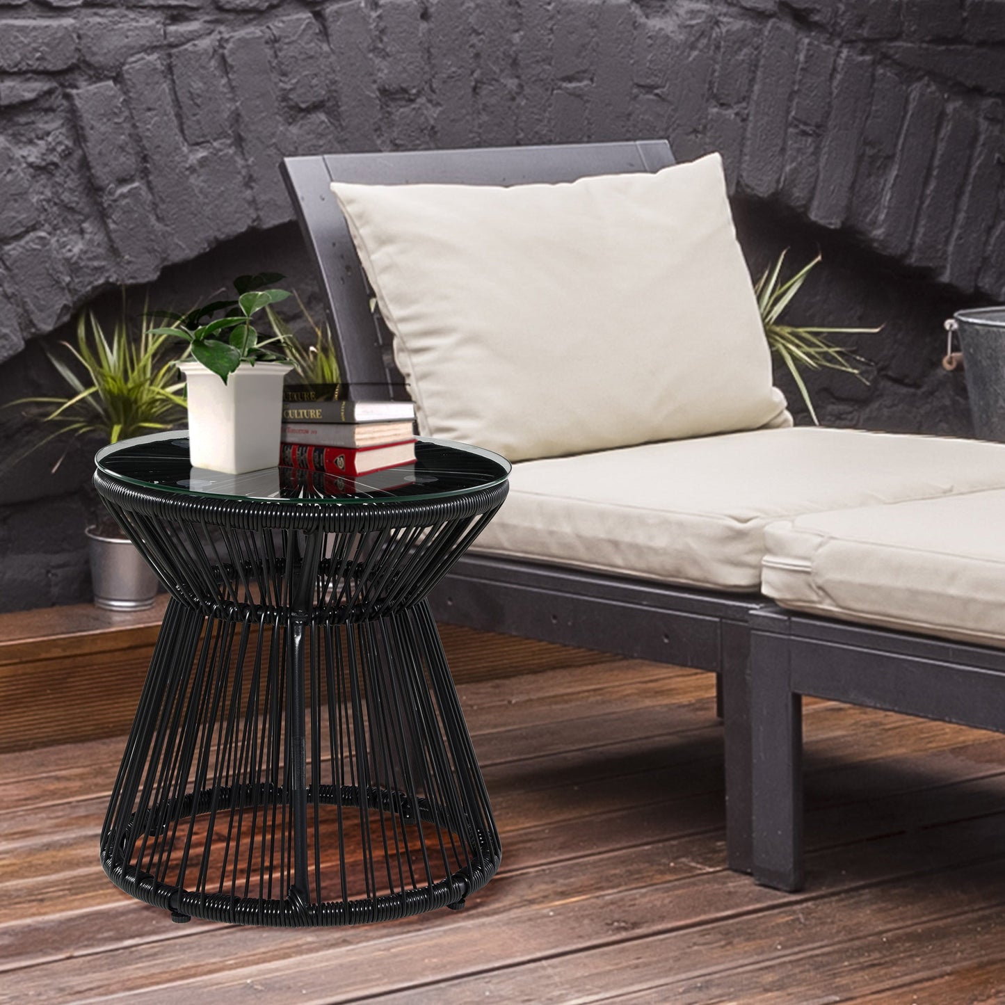 Outdoor Coffee Table, Round PE Rattan Side Table with Tempered Glass Table Top, Hollow Drum Design for Garden, Balcony, Patio, Black