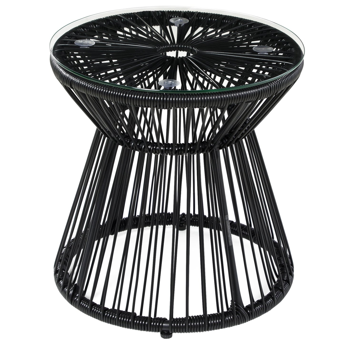 Outdoor Coffee Table, Round PE Rattan Side Table with Tempered Glass Table Top, Hollow Drum Design for Garden, Balcony, Patio, Black