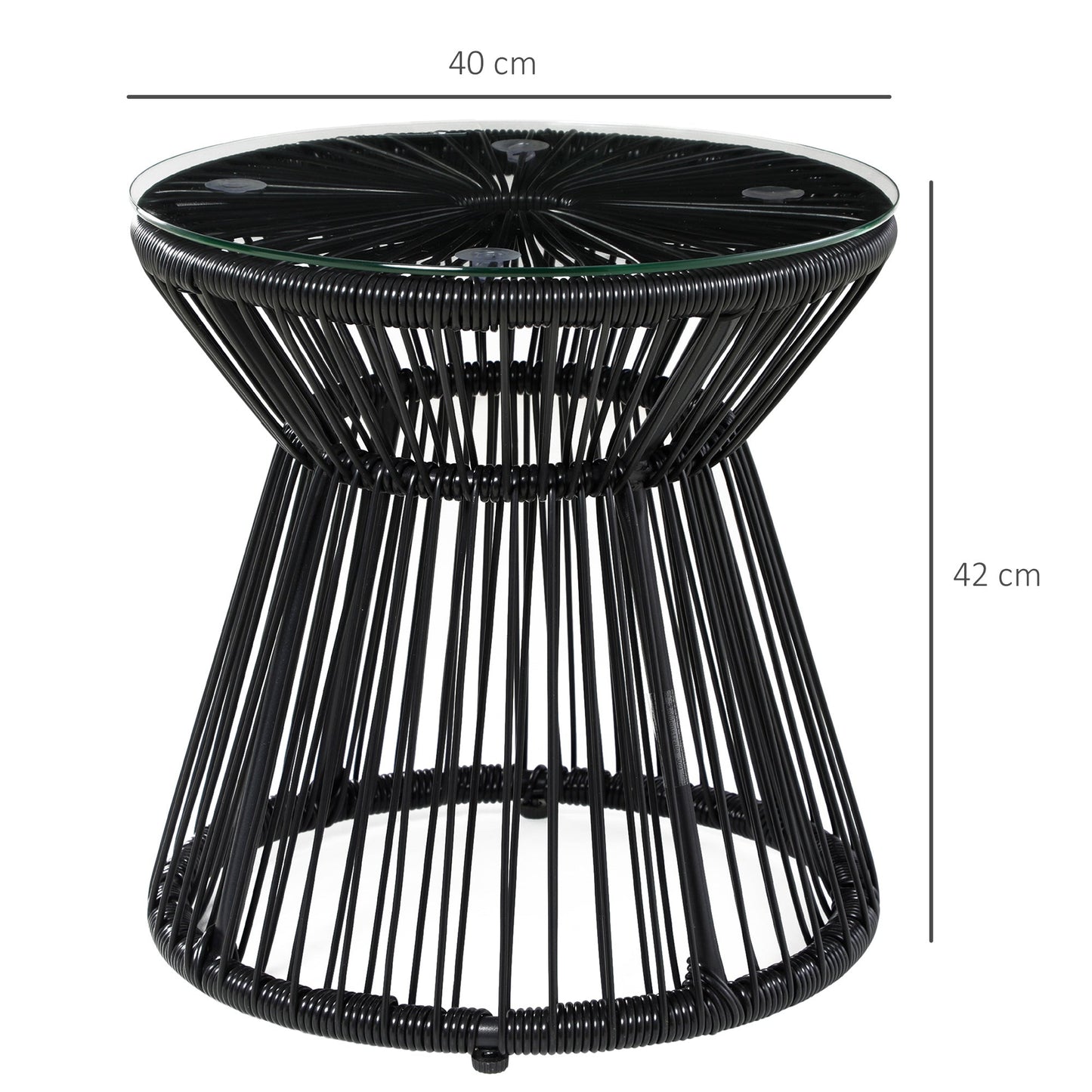 Outdoor Coffee Table, Round PE Rattan Side Table with Tempered Glass Table Top, Hollow Drum Design for Garden, Balcony, Patio, Black