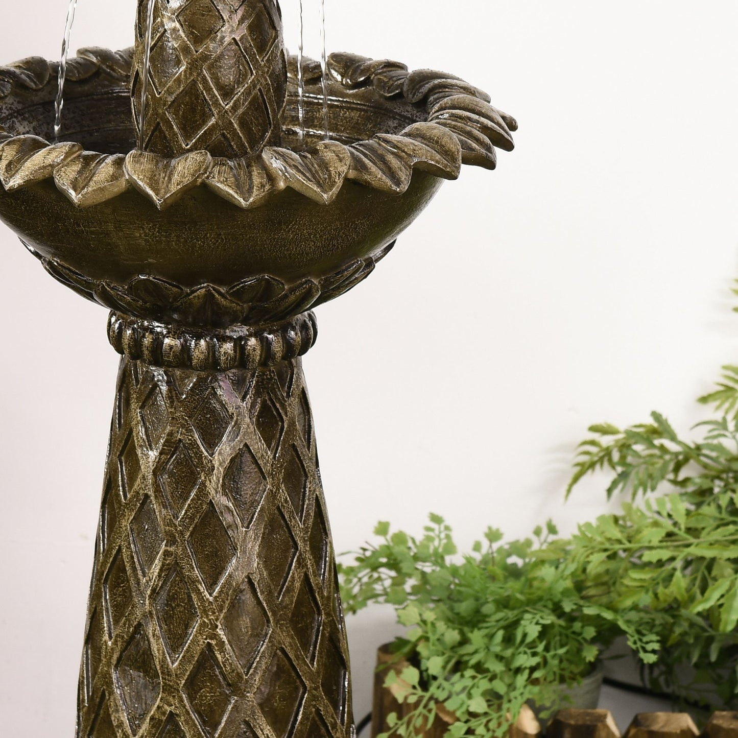 2-Tier Outdoor Waterfall Fountain, Freestanding Self-Contained Cascading Water Feature Garden Landscape with Electric Pump, Brown Flower